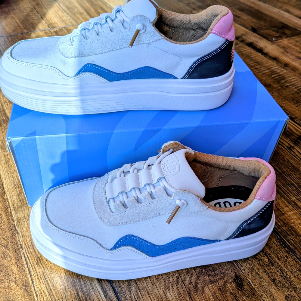 White and Blue Sneakers with Pink and Black Accents